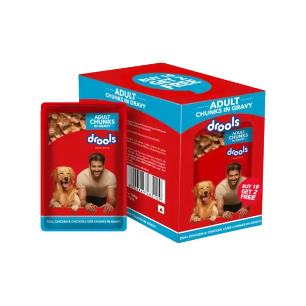 Drools Real Chicken & Chicken Liver Chunks in Gravy Adult Dog Wet Food 10+2x60g box Drools Real Chicken & Chicken Liver Chunks in Gravy Adult Dog Wet Food 10+2x60g