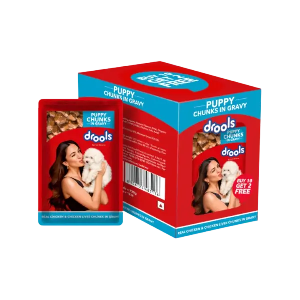 Drools Real Chicken & Chicken Liver Chunks in Gravy Puppy Wet Food 10+2x60g box Drools Real Chicken & Chicken Liver Chunks in Gravy Puppy Wet Food 10+2x60g