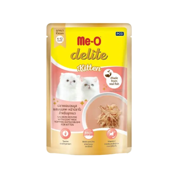 Me-O Delite Salmon Mousse with Goat Milk Topping Katsuobushi Gravy Kitten Wet Food 12x70g Me-O Delite Salmon Mousse with Goat Milk Topping Katsuobushi Gravy Kitten Wet Food 12x70g