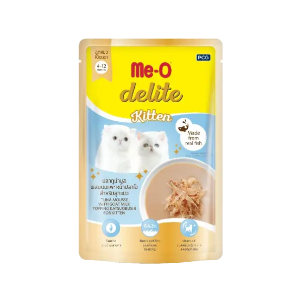 Me-O Delite Tuna Mousse with Goat Milk Topping Katsuobushi Gravy Kitten Wet Food 12x70g Me-O Delite Tuna Mousse with Goat Milk Topping Katsuobushi Gravy Kitten Wet Food 12x70g