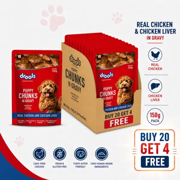 Drools Real Chicken and Chicken Liver Chunks in Gravy Puppy Wet Food 20+4 Drools Real Chicken and Chicken Liver Chunks in Gravy Puppy Wet Food