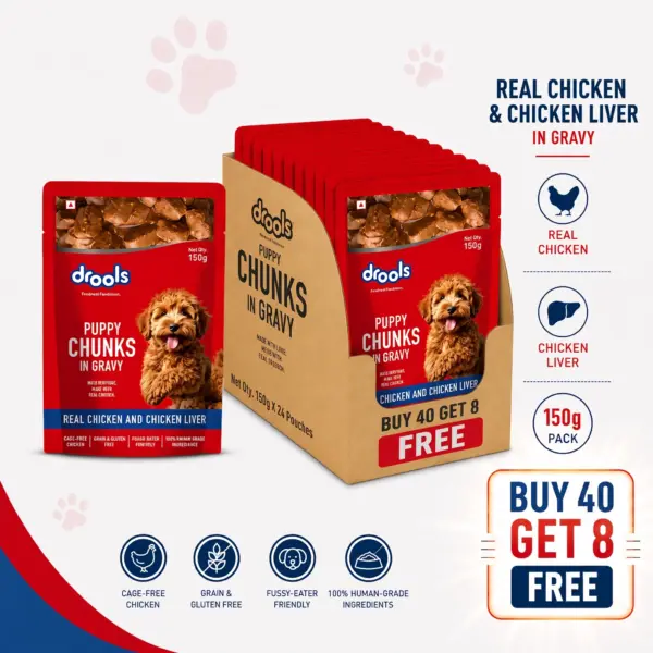 Drools Real Chicken and Chicken Liver Chunks in Gravy Puppy Wet Food 40+8 Drools Real Chicken and Chicken Liver Chunks in Gravy Puppy Wet Food